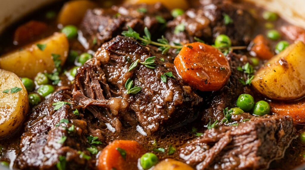 Ultra close-up macro of fall-apart tender beef chuck chunks in velvety red wine gravy with carrots and potatoes