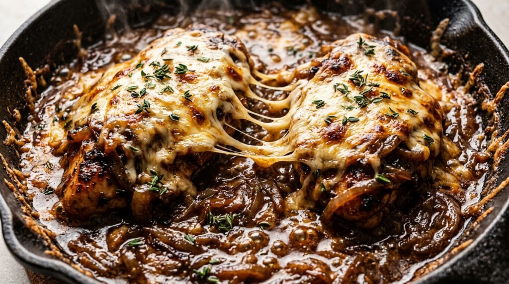 Ultra close-up macro of bubbling melted Gruyere cheese and caramelized onions over seared chicken breast