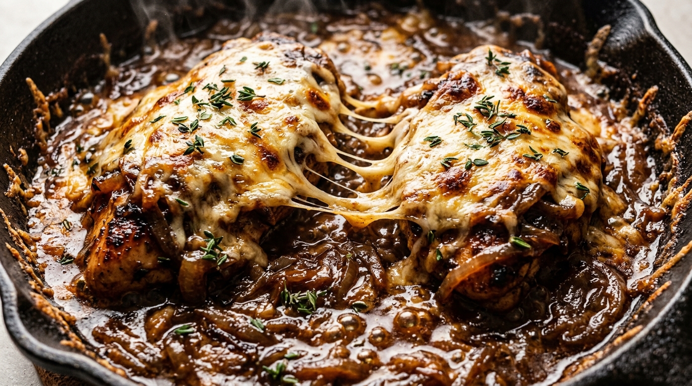 Ultra close-up macro of bubbling melted Gruyere cheese and caramelized onions over seared chicken breast