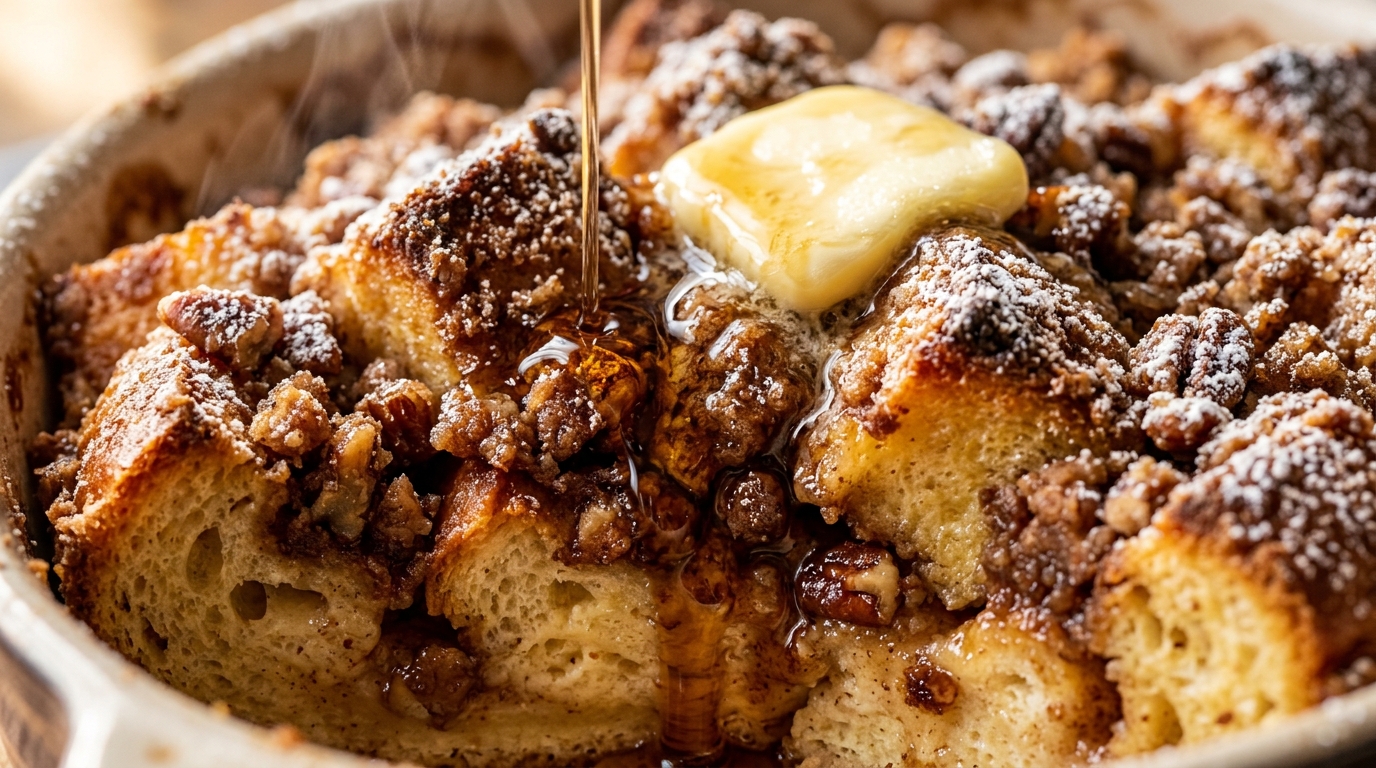 Ultra close-up macro of golden brioche French toast casserole with melting butter and maple syrup cascading over cinnamon streusel