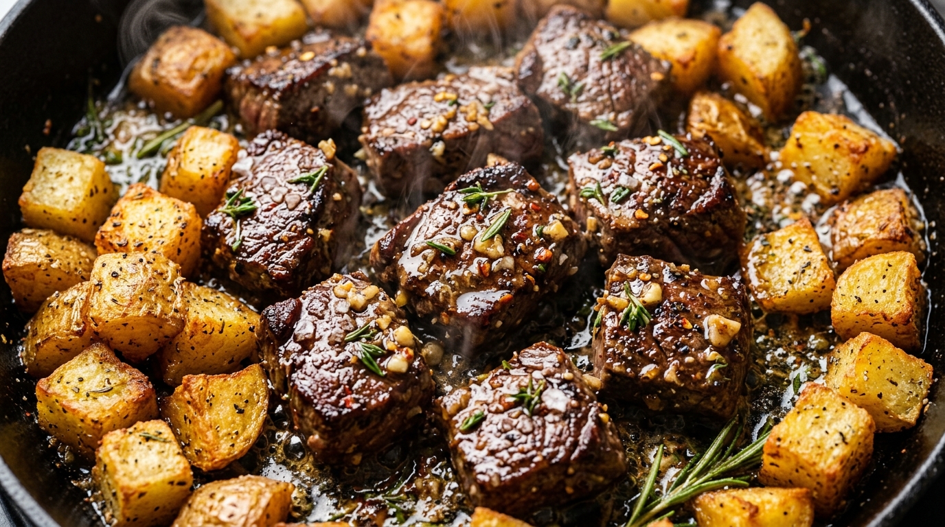 Ultra close-up macro food photography of sizzling garlic butter steak bites and crispy golden potatoes in cast iron skillet
