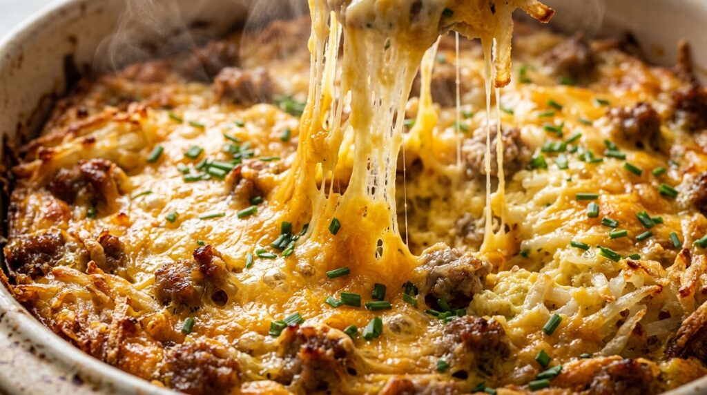Ultra close-up macro of bubbling melted cheddar cheese pull and golden hashbrowns in breakfast casserole