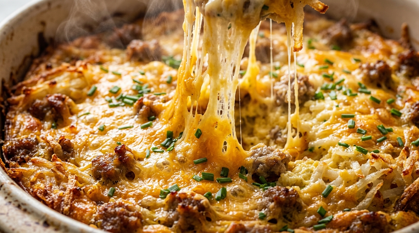Ultra close-up macro of bubbling melted cheddar cheese pull and golden hashbrowns in breakfast casserole