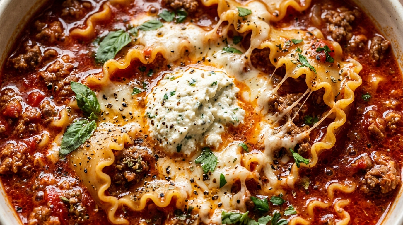 Ultra close-up macro of slow cooker lasagna soup with wavy noodles bubbling mozzarella and creamy dollop of herbed ricotta