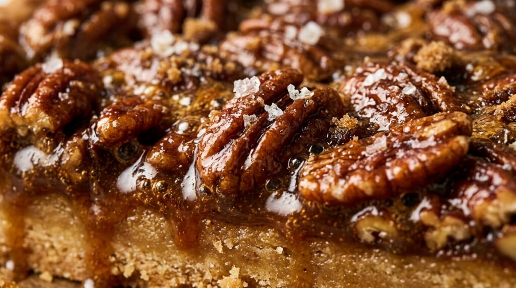 Ultra close-up macro of gooey brown sugar pecan pie bars with caramelized roasted pecans and golden shortbread crust