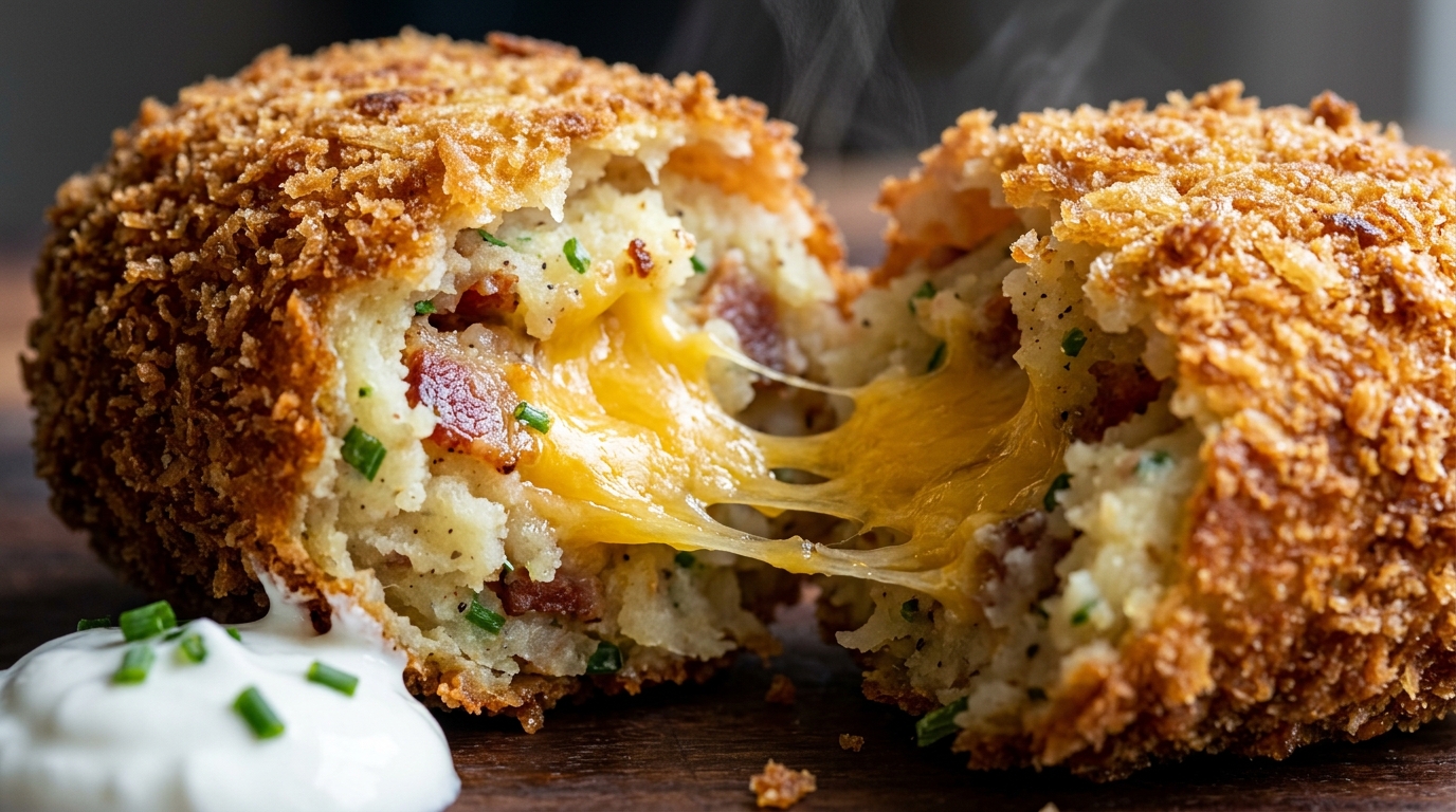 Ultra close-up macro of crispy loaded baked potato croquette split open with melted cheddar cheese pull and crispy bacon bits