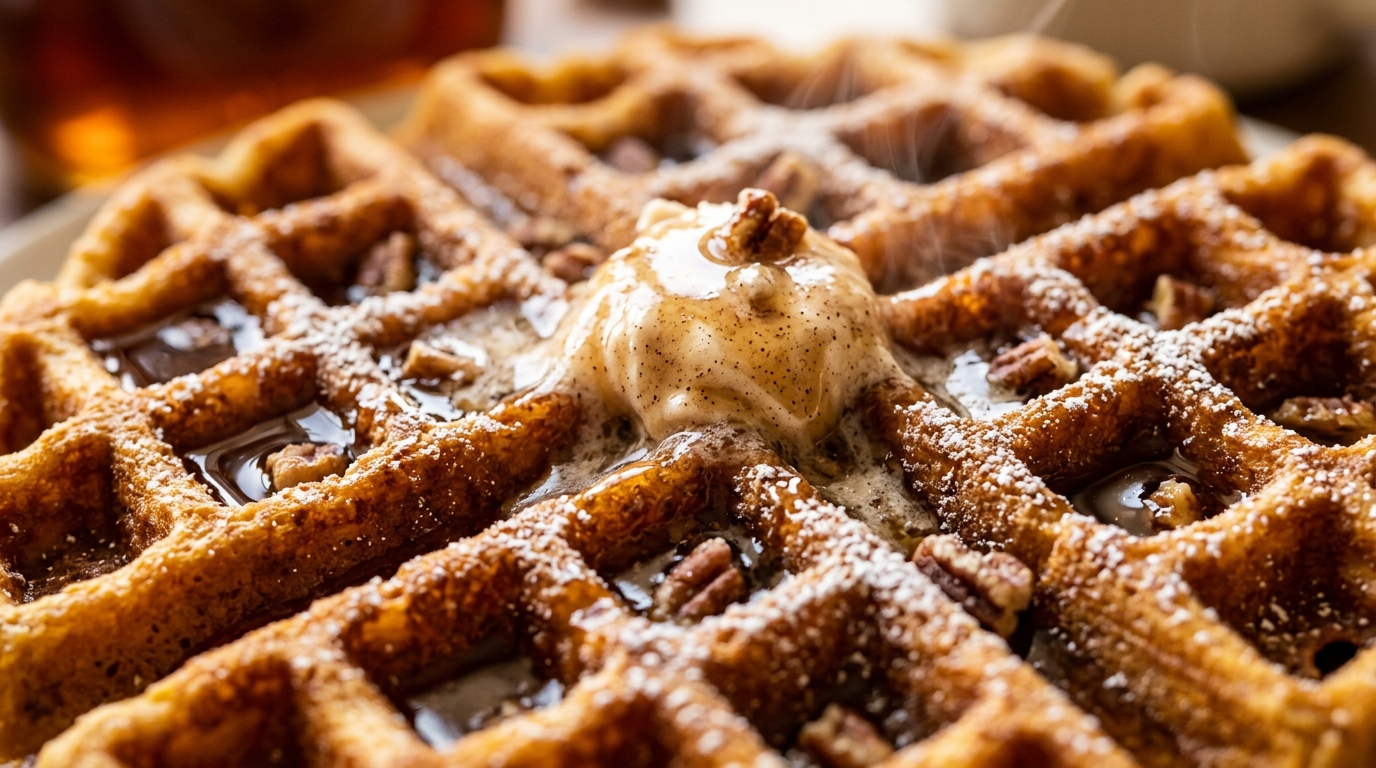 Ultra close-up macro food photography of fluffy spiced pumpkin Belgian waffles with deep pockets, melting cinnamon maple butter and maple syrup cascade