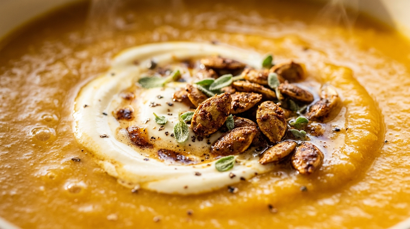 Ultra close-up macro food photography of velvety slow cooker butternut squash and apple soup with spiced pepitas and cream swirl