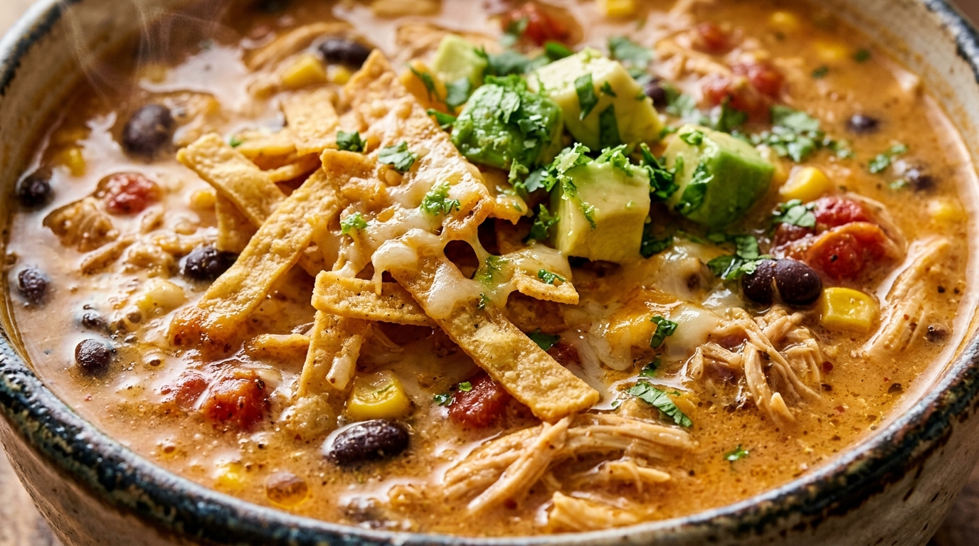 Ultra close-up macro of slow cooker chicken tortilla soup brimming with shredded chicken, black beans, corn, and crispy golden tortilla strips