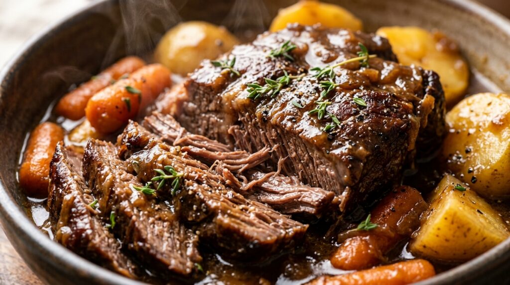 Ultra close-up macro of slow cooker beef pot roast with fall-apart tender beef chuck, tender baby carrots, and rich savory herb gravy