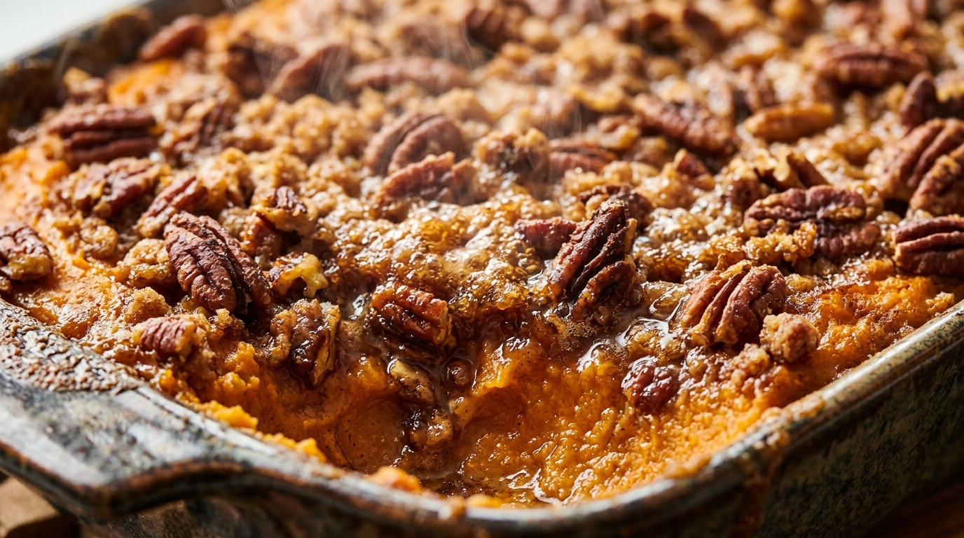 Ultra close-up macro of bubbling golden brown sugar pecan streusel over velvety sweet potato casserole
