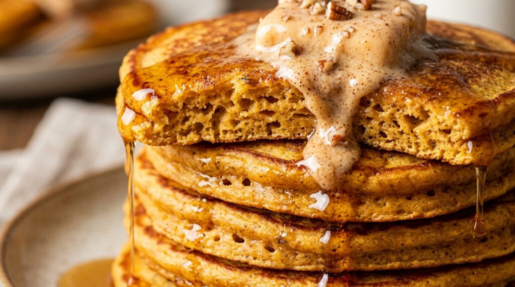 Ultra close-up macro food photography of fluffy golden spiced sweet potato pancakes with melting cinnamon pecan butter and maple syrup