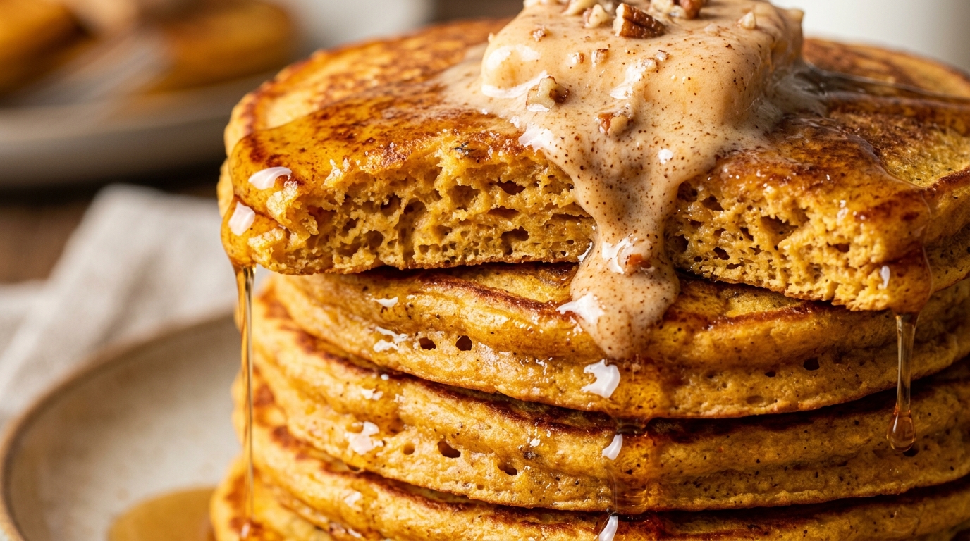Ultra close-up macro food photography of fluffy golden spiced sweet potato pancakes with melting cinnamon pecan butter and maple syrup