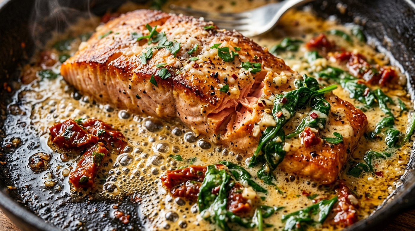 Ultra close-up macro of pan-seared flaky salmon fillet bubbling in creamy garlic parmesan sauce with sun-dried tomatoes and spinach