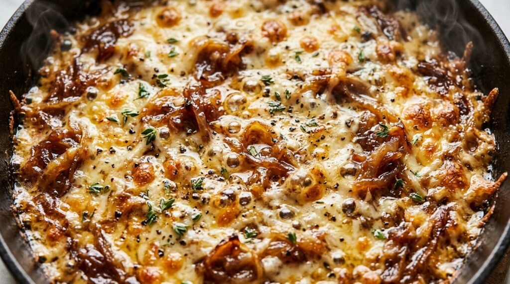 Ultra close-up macro food photography of warm bubbly caramelized onion and gruyère dip