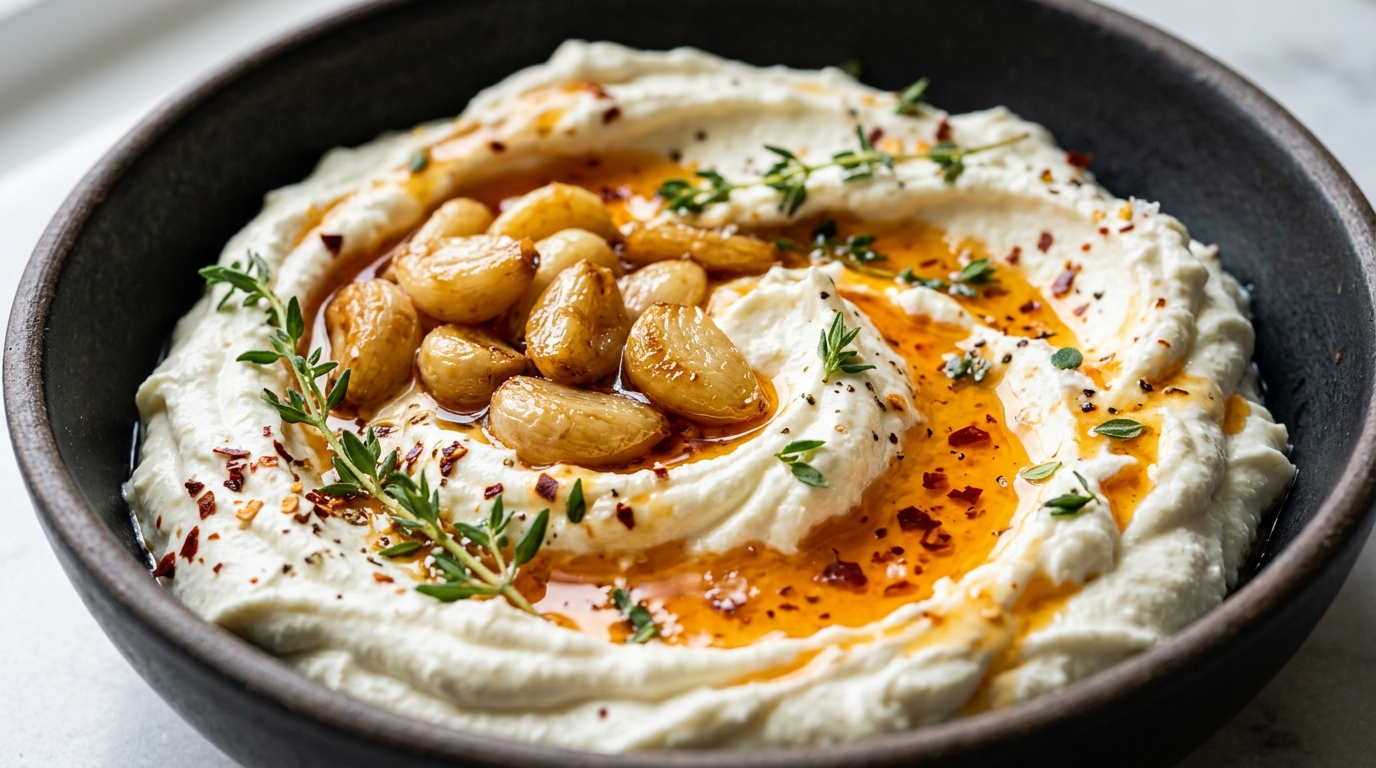 Ultra close-up macro of creamy whipped feta dip swirled with glowing amber hot honey chili flakes and toasted pine nuts
